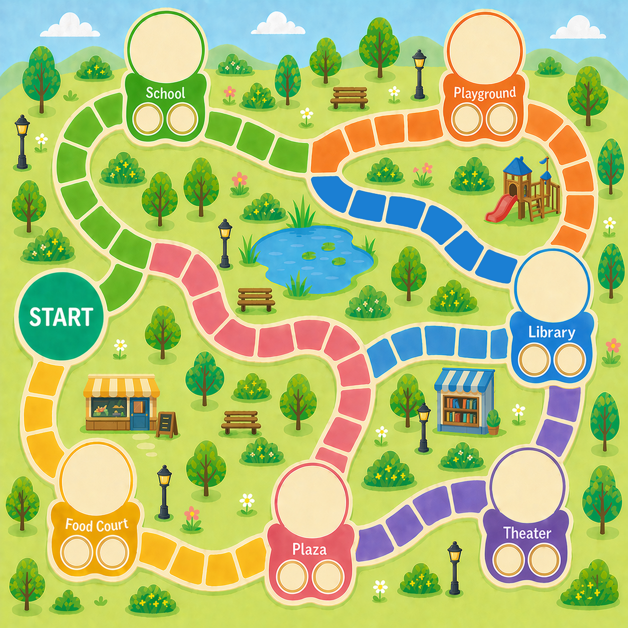 Build Our Block neighborhood game board with six facility areas